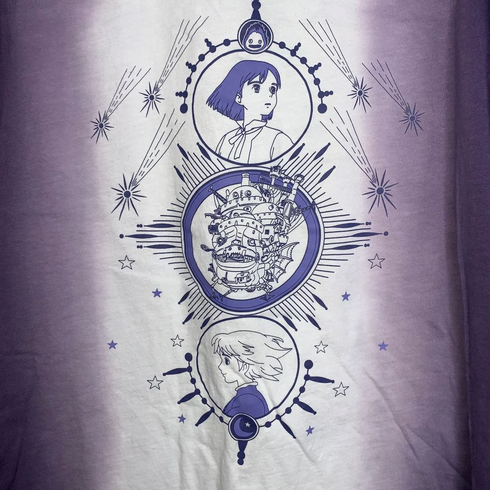 VTG Studio Ghibli Howls Moving Castle T-shirt Sz M Purple‎ White Dip-Dye Flaws